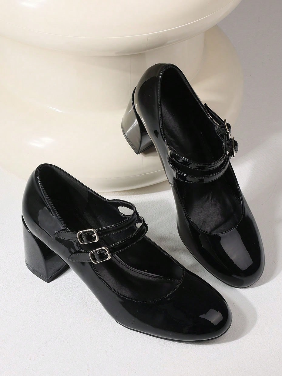 Mary Janes Women Pumps Sweet Cute Round Toe Chunky Heel Lolita Elegant Goth Faux Patent Leather Buckle Shoes For Women