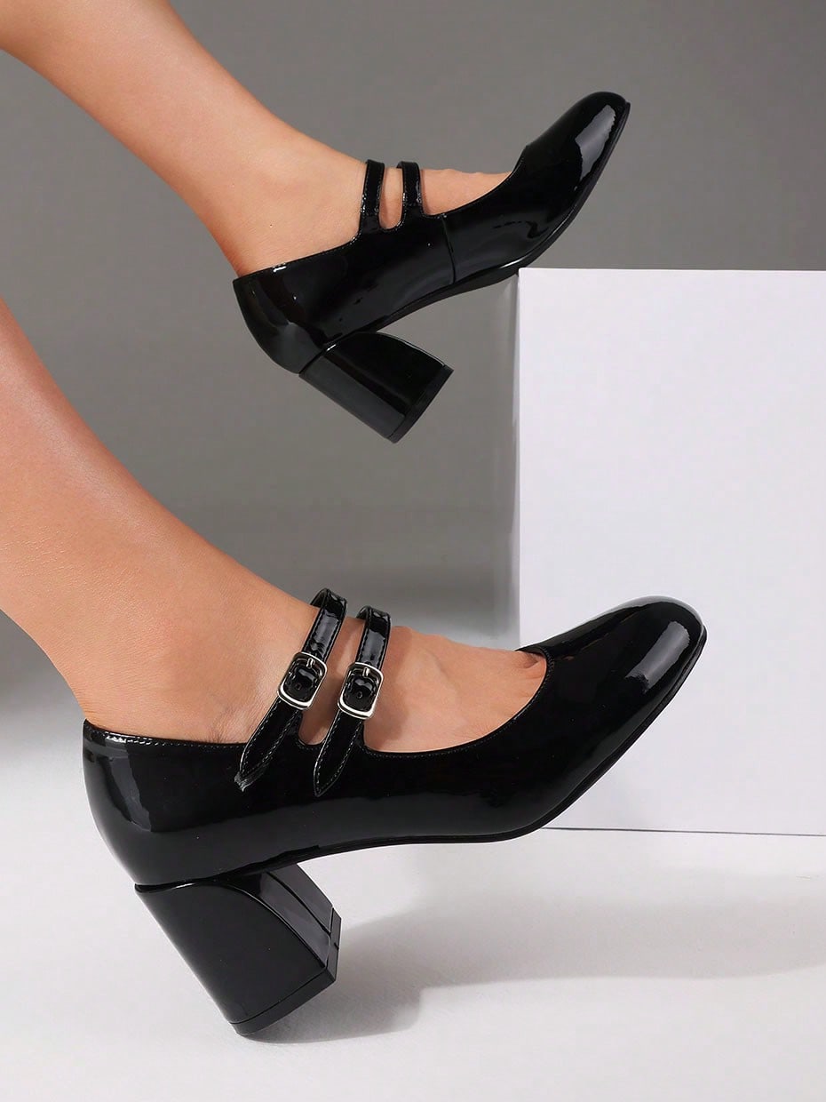 Mary Janes Women Pumps Sweet Cute Round Toe Chunky Heel Lolita Elegant Goth Faux Patent Leather Buckle Shoes For Women