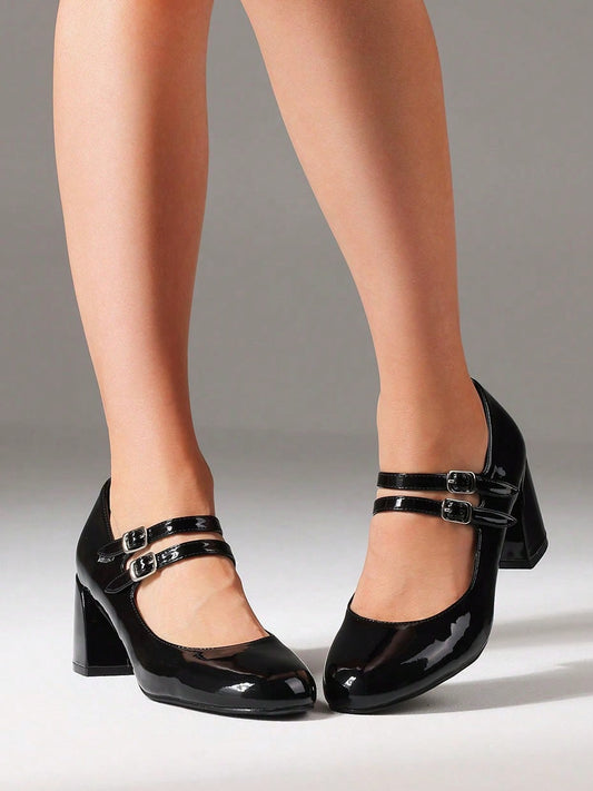 Mary Janes Women Pumps Sweet Cute Round Toe Chunky Heel Lolita Elegant Goth Faux Patent Leather Buckle Shoes For Women