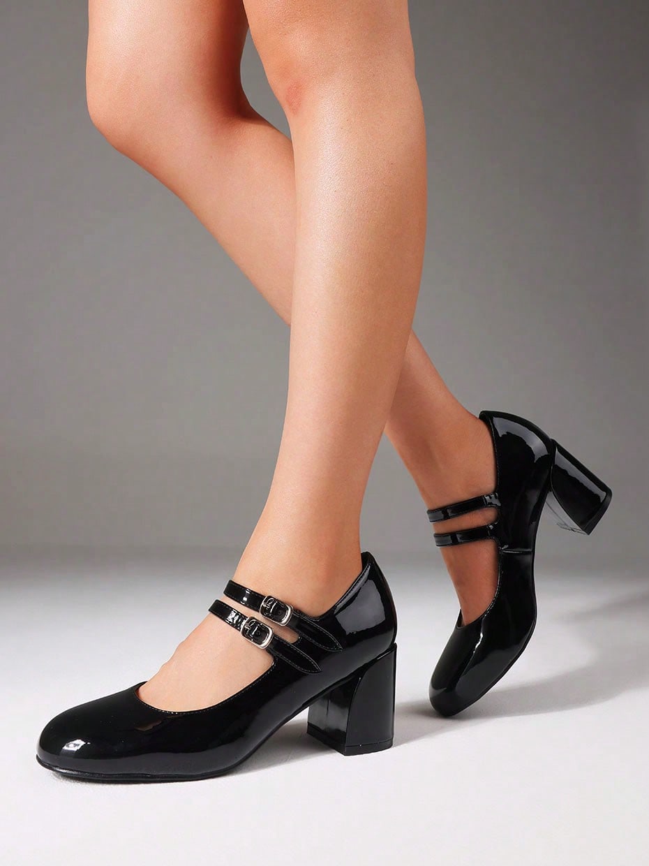 Mary Janes Women Pumps Sweet Cute Round Toe Chunky Heel Lolita Elegant Goth Faux Patent Leather Buckle Shoes For Women