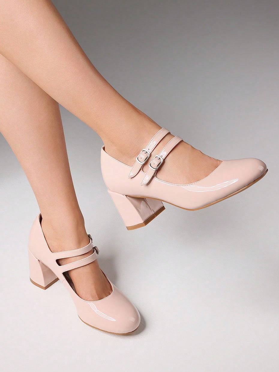 Mary Janes Women Pumps Sweet Cute Round Toe Chunky Heel Lolita Elegant Goth Faux Patent Leather Buckle Shoes For Women