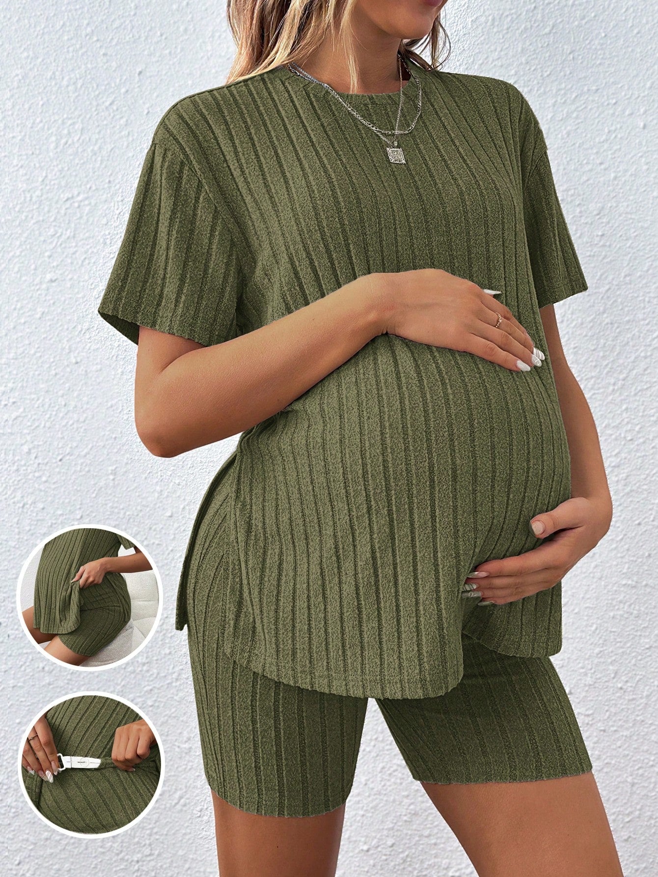 Women's Casual Loose Round Neck T-Shirt With Adjustable Elastic Waist Shorts, Maternity 2pcs Set