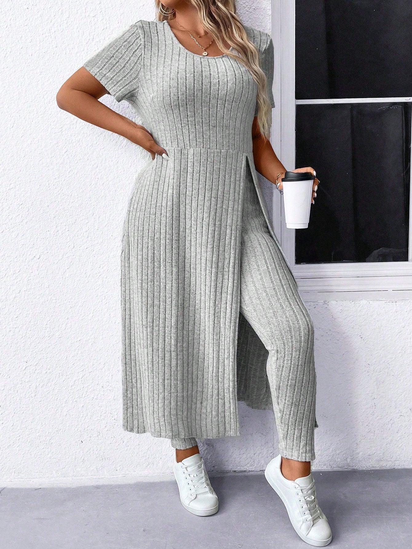 LUNE Plus Size Women Solid Color Simple Daily Short Sleeve Top & Long Pants Set