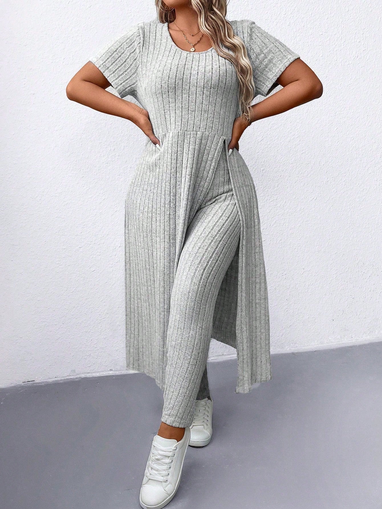 LUNE Plus Size Women Solid Color Simple Daily Short Sleeve Top & Long Pants Set