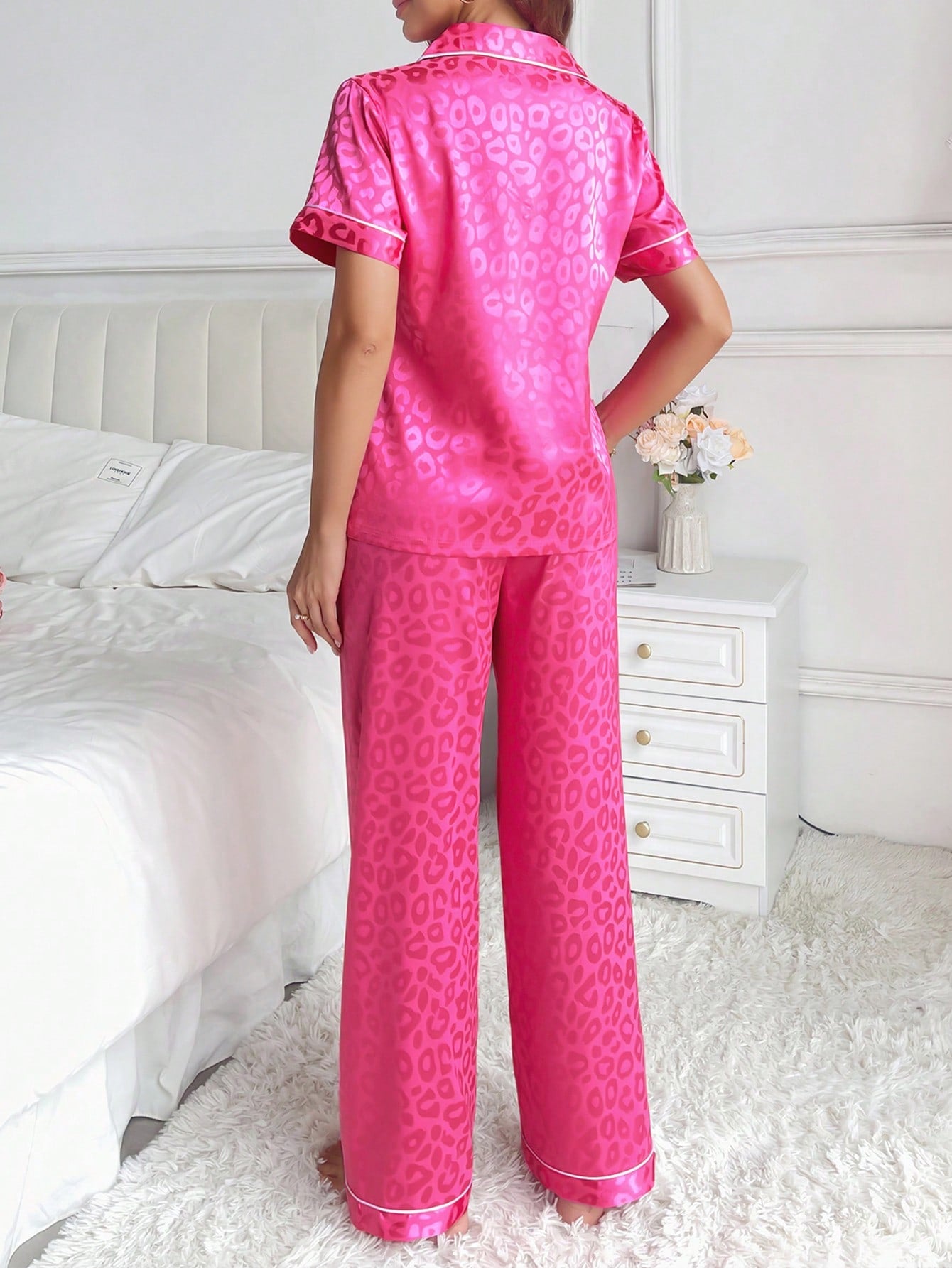 Satin Jacquard Lapel Collar Button Down Women's Pajama Set