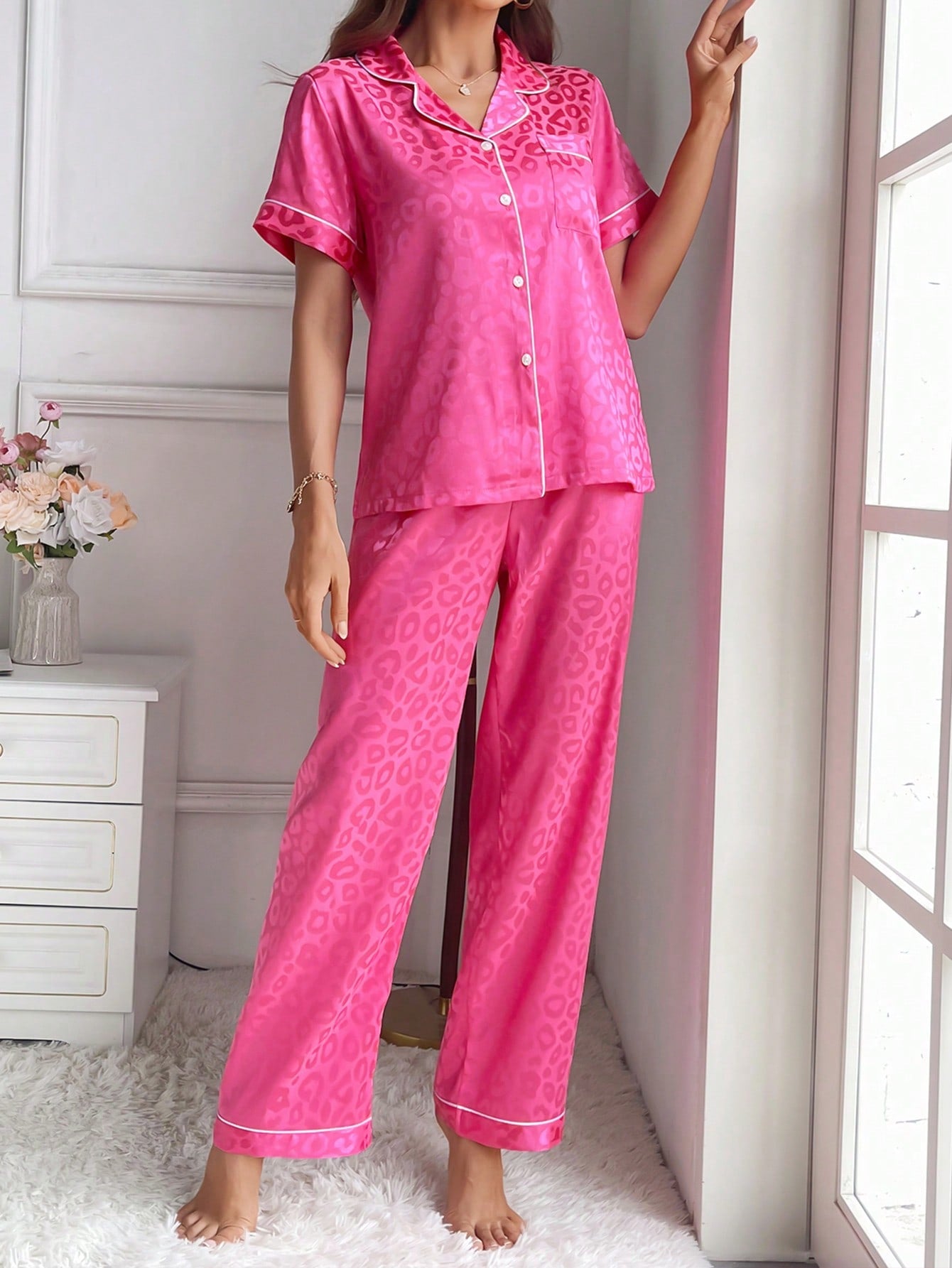 Satin Jacquard Lapel Collar Button Down Women's Pajama Set