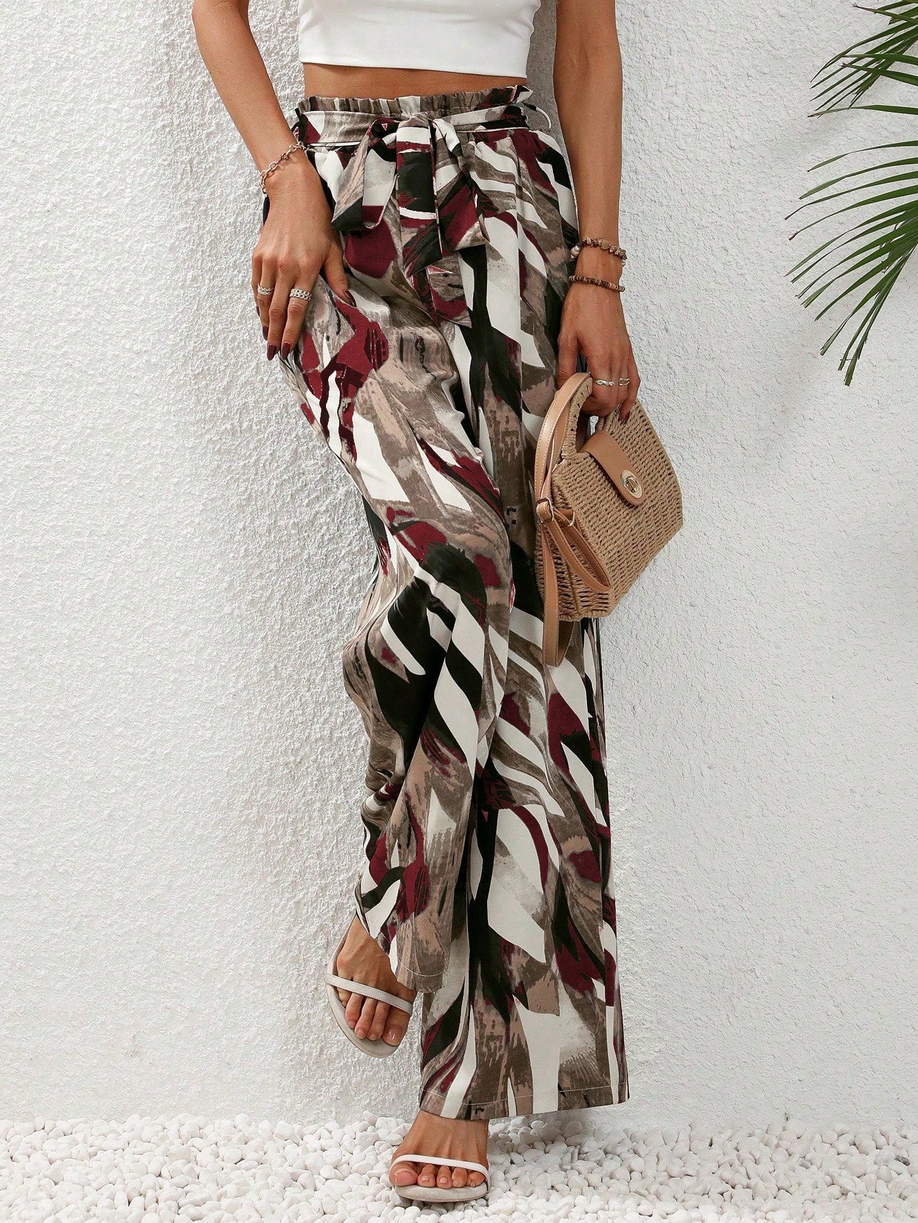 LUNE Allover Print Belted Wide Leg Pants