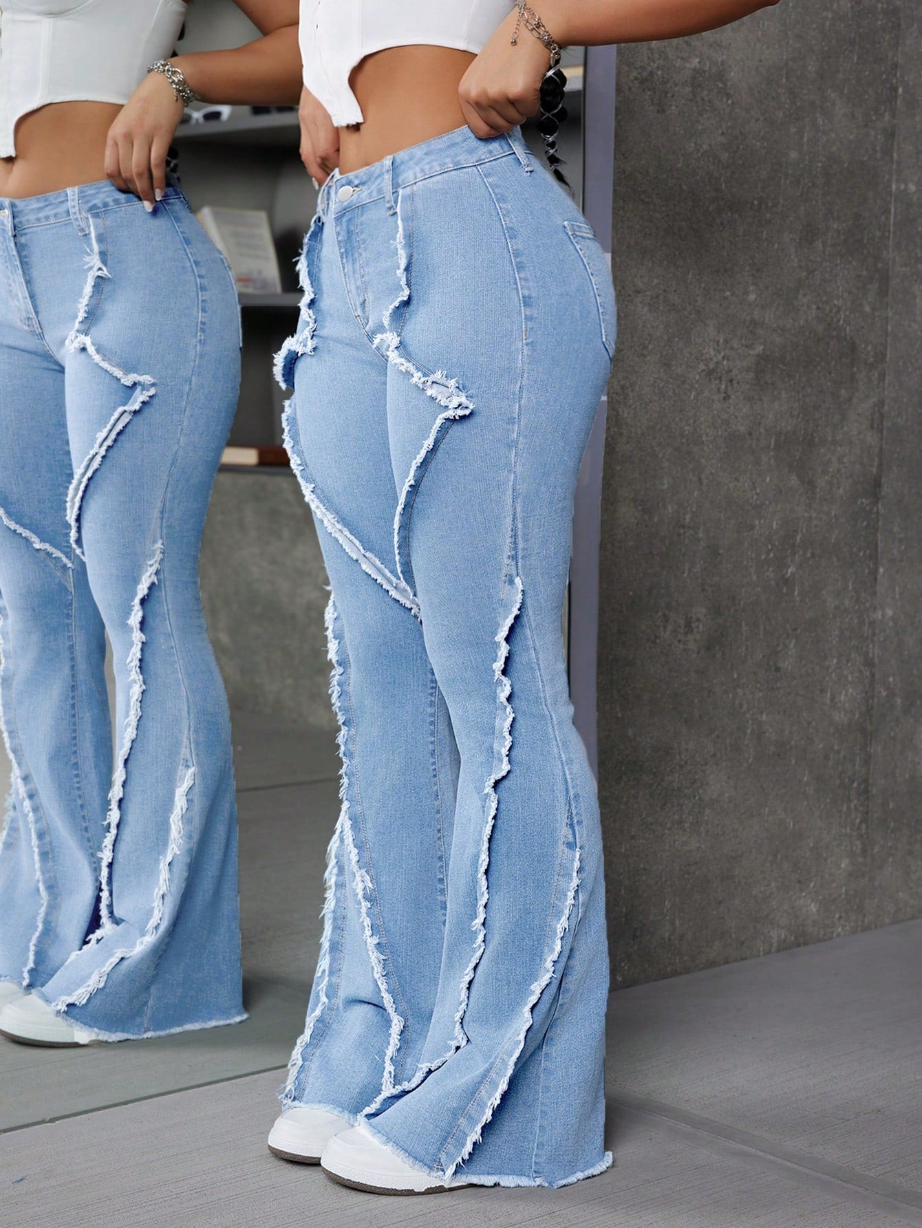 ICON Patchwork Frayed Trim Slim Fit Flared Jeans