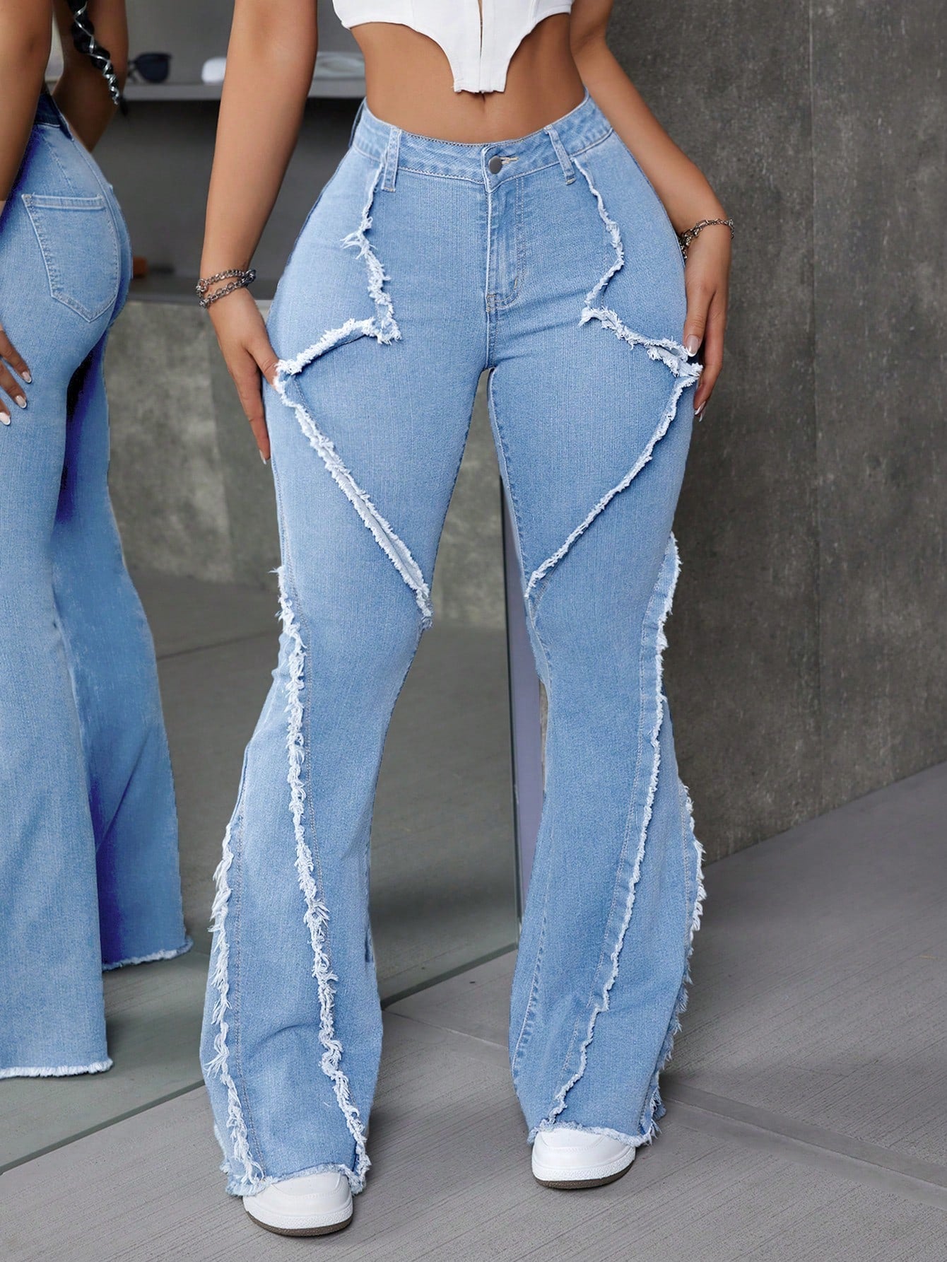 ICON Patchwork Frayed Trim Slim Fit Flared Jeans