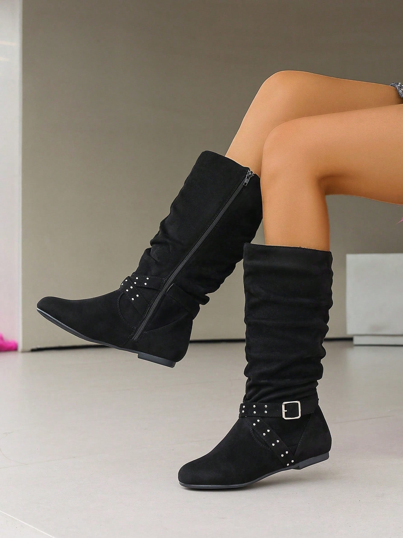 Comfortable Casual Flat Round Toe Mid-Calf Boots With Pleated Design And Side Zipper, Autumn-Winter Women's Fashion Boots