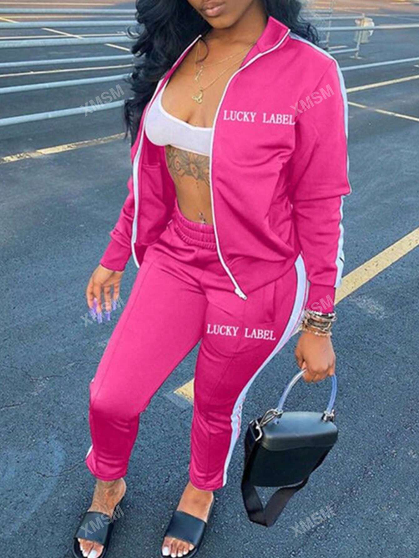 Letter Embroidery Zipper Sports Two Piece Set