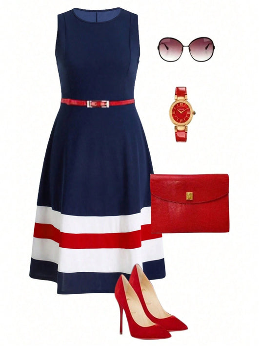 Clasi Elegant Navy-Style Color Block Women's Dress
