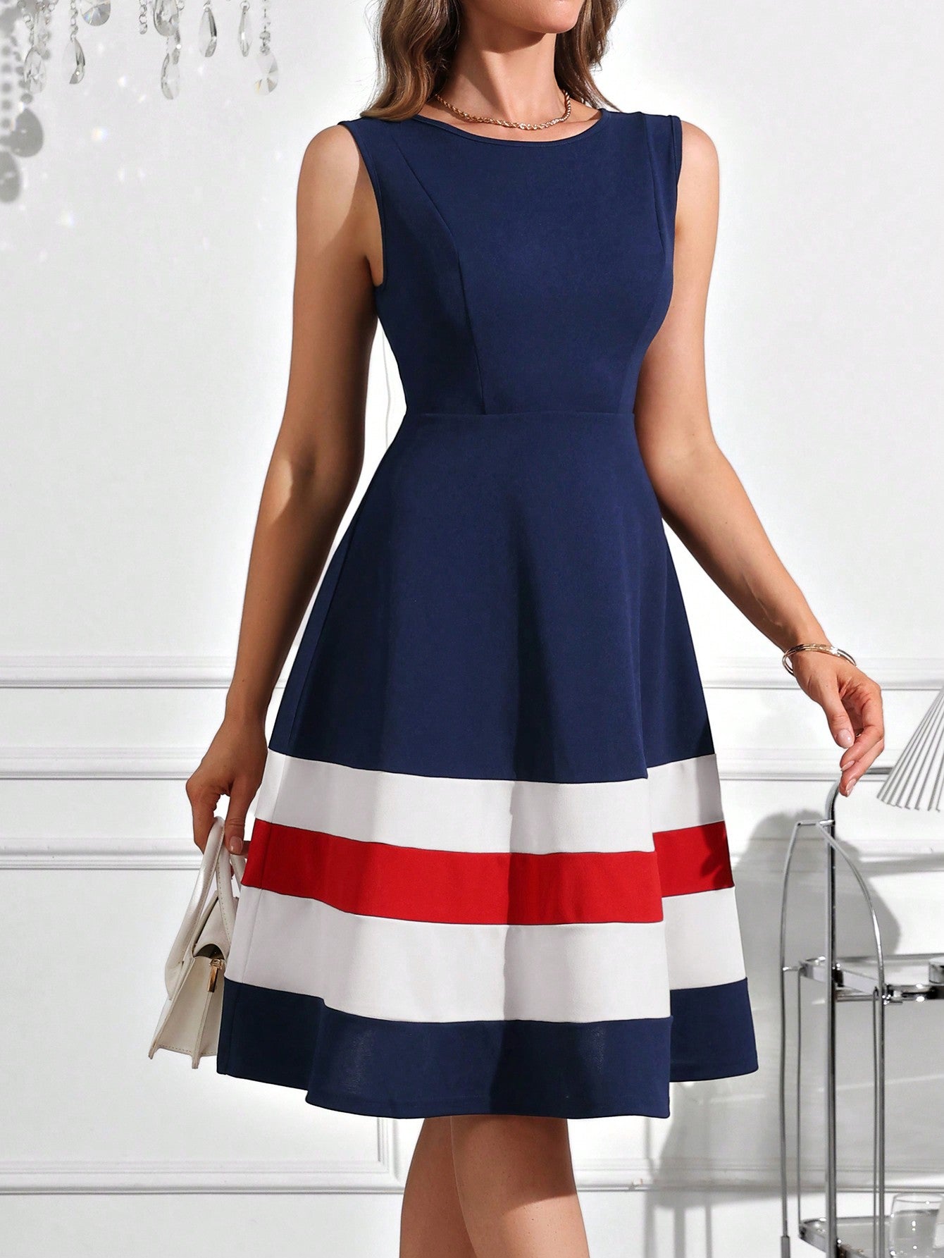 Clasi Elegant Navy-Style Color Block Women's Dress