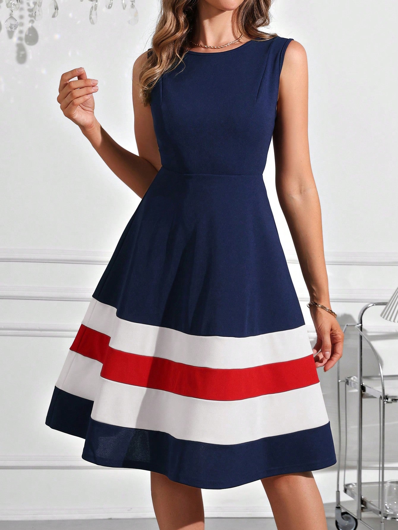 Clasi Elegant Navy-Style Color Block Women's Dress