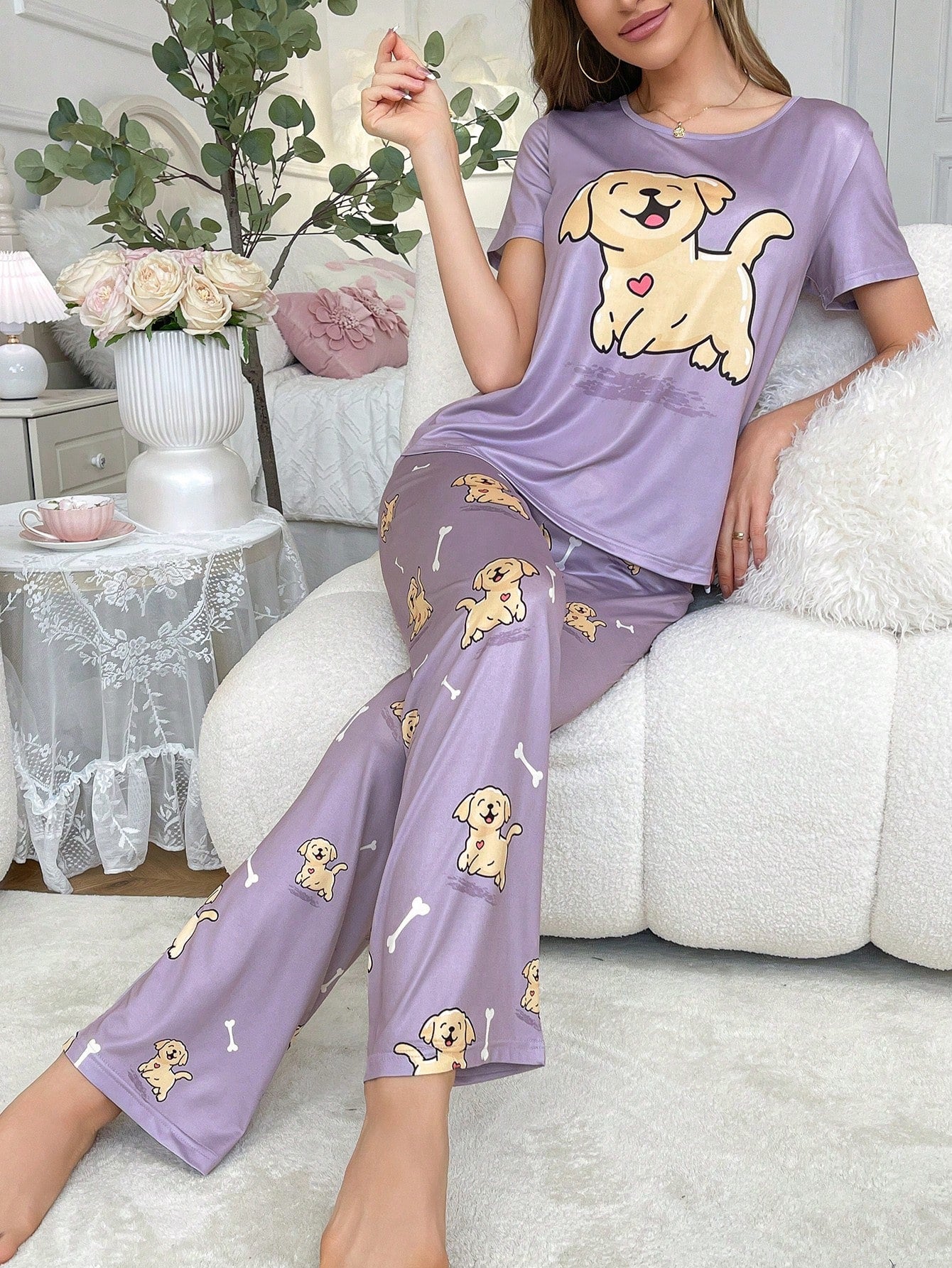Women's Cartoon Dog Pattern Short Sleeve Long Pants Pajamas Set