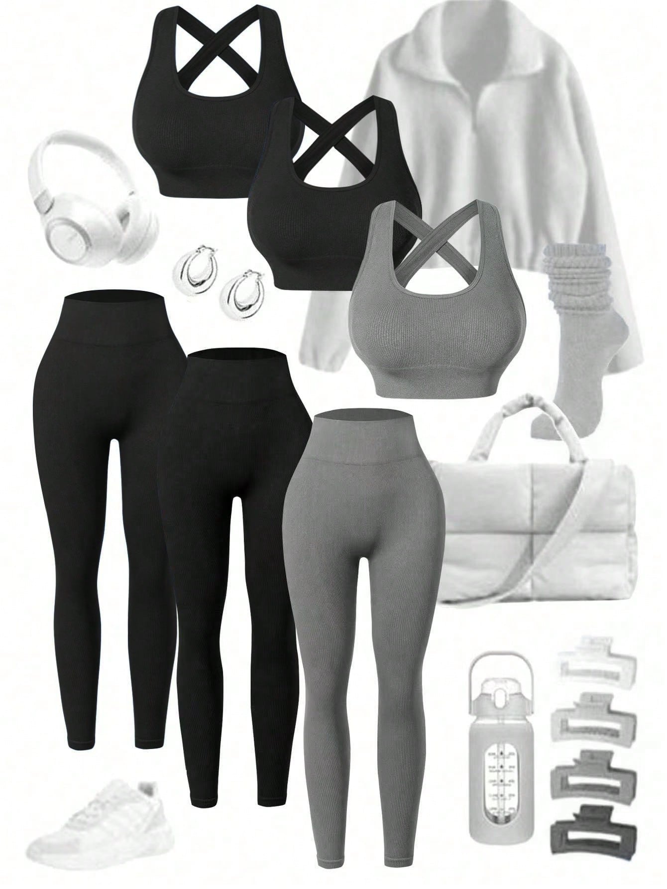 Sport Studio Women's Solid Color Ribbed & Slim Fit Yoga Sportswear Set