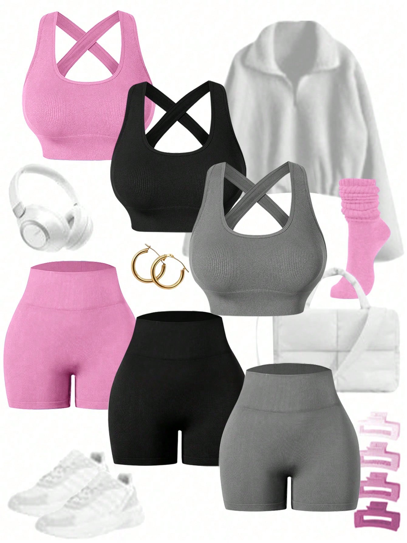 Sport Easify Women's Crew Neck Criss-Cross Back Top And Casual Seamless Shorts Yoga Texture Sports Set, Gym Clothes