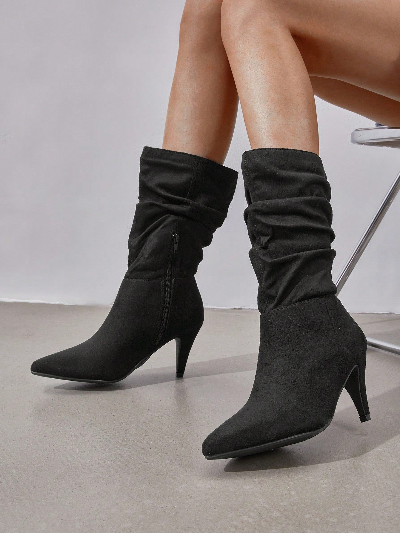 Women's Stiletto High Heel Pointed Toe Suede Mid Calf Boots For Fall/Winter, Classic Slouchy Soft Comfortable Boots