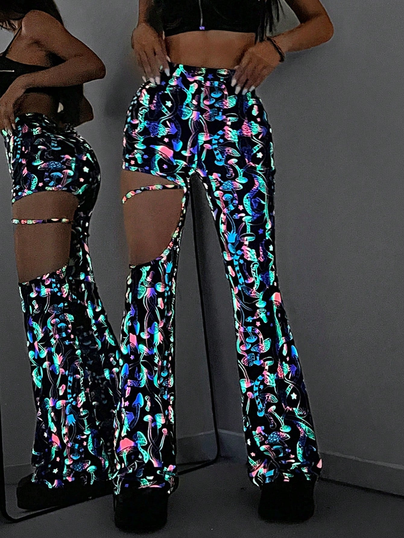 EgrlEra Reflective Colorful Mushroom Cutout Belt High Waist Women's Flared Pants, Sexy Y2K Outfit 