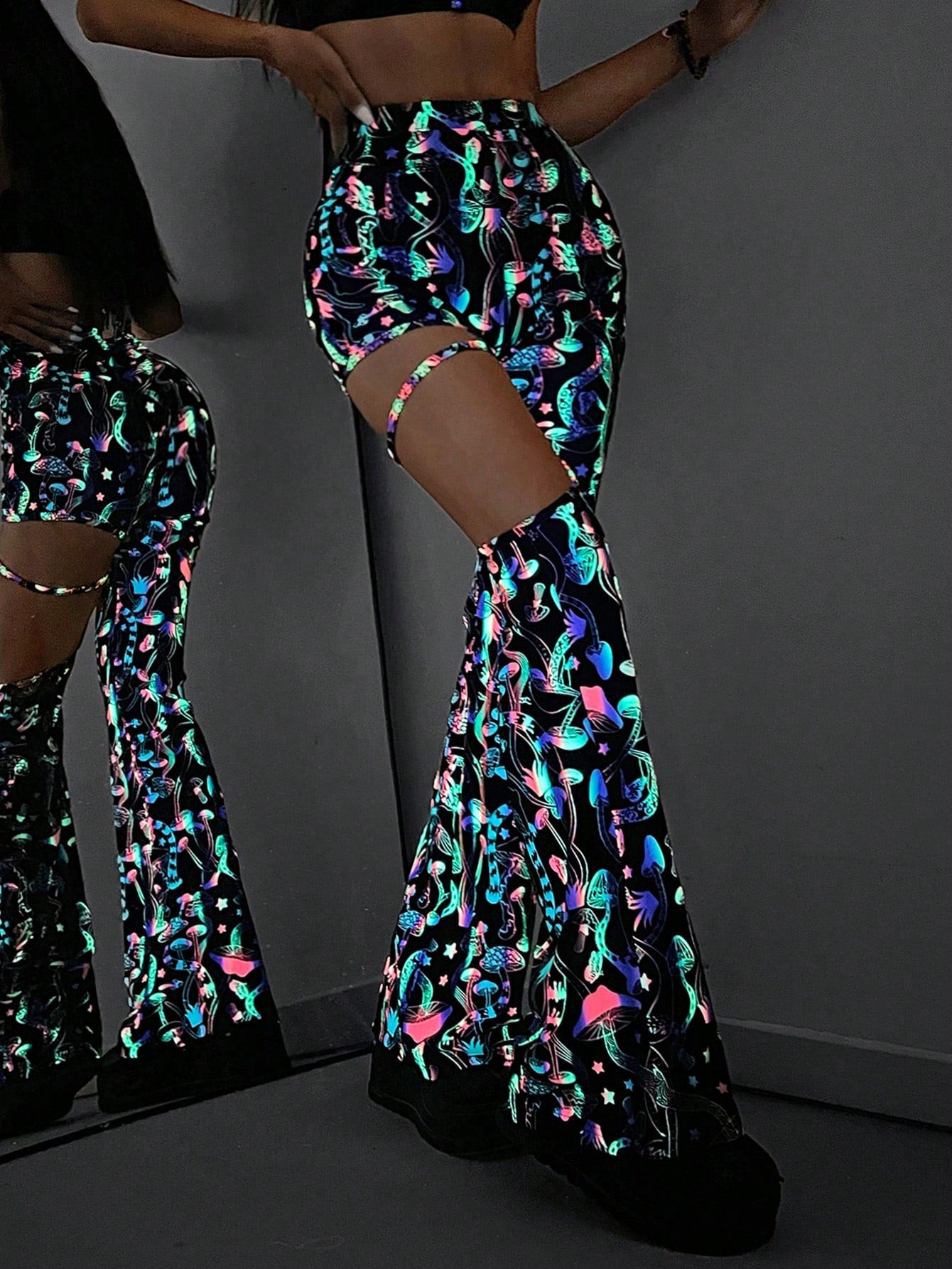 EgrlEra Reflective Colorful Mushroom Cutout Belt High Waist Women's Flared Pants, Sexy Y2K Outfit 