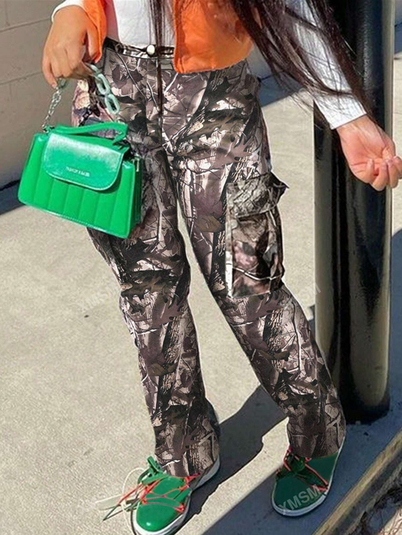 Multi-Color Printed Straight Leg High Waisted Casual Cargo Pants With Pockets