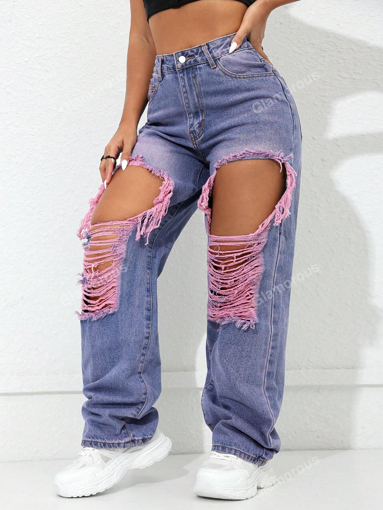 Street High Waist Slant Pocket Ripped Straight Leg Jeans