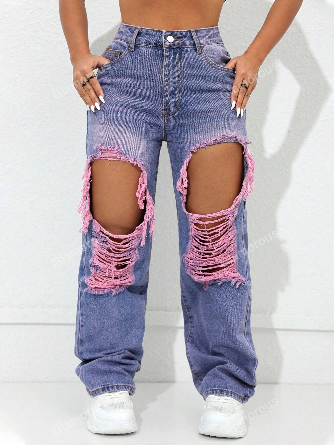 Street High Waist Slant Pocket Ripped Straight Leg Jeans