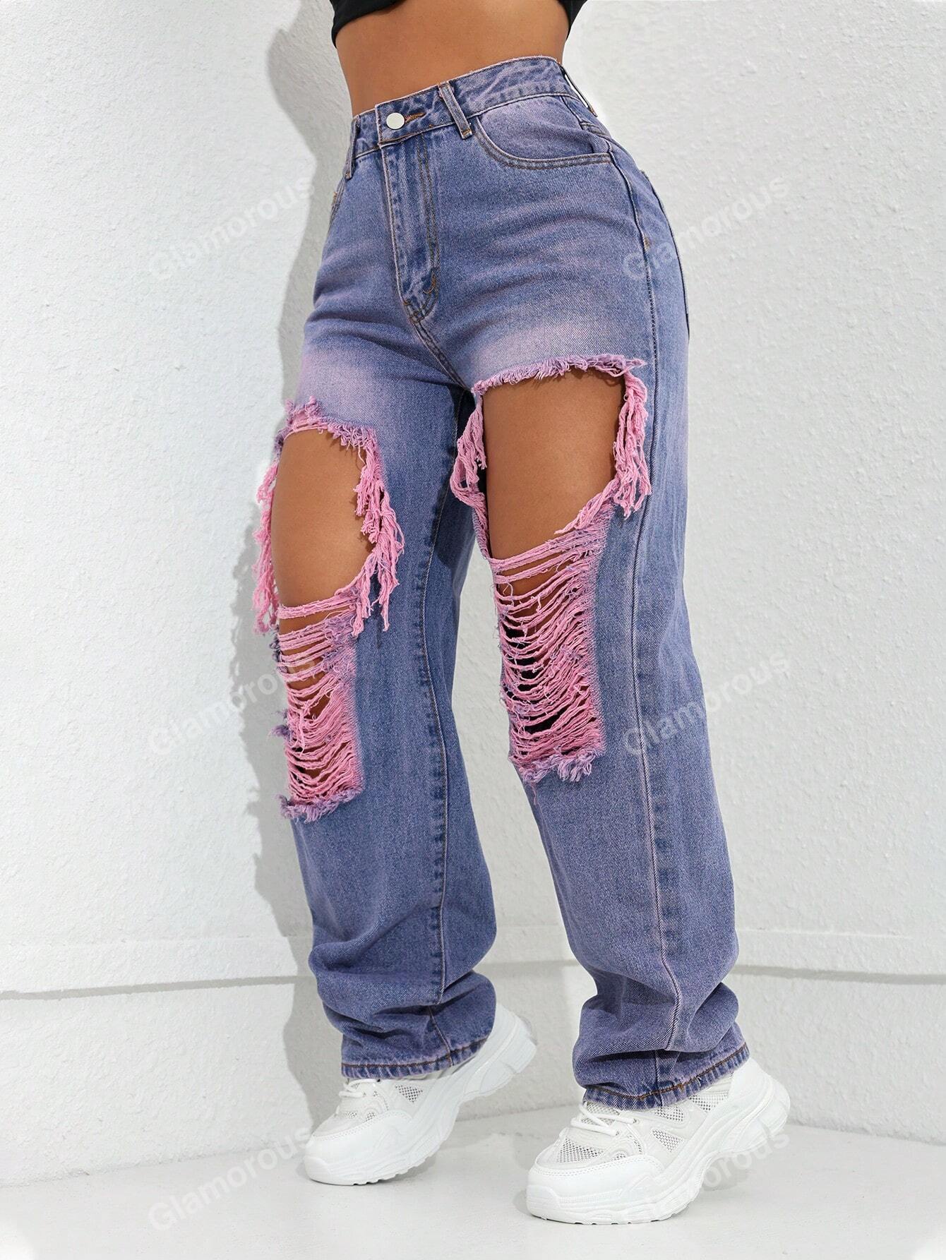 Street High Waist Slant Pocket Ripped Straight Leg Jeans