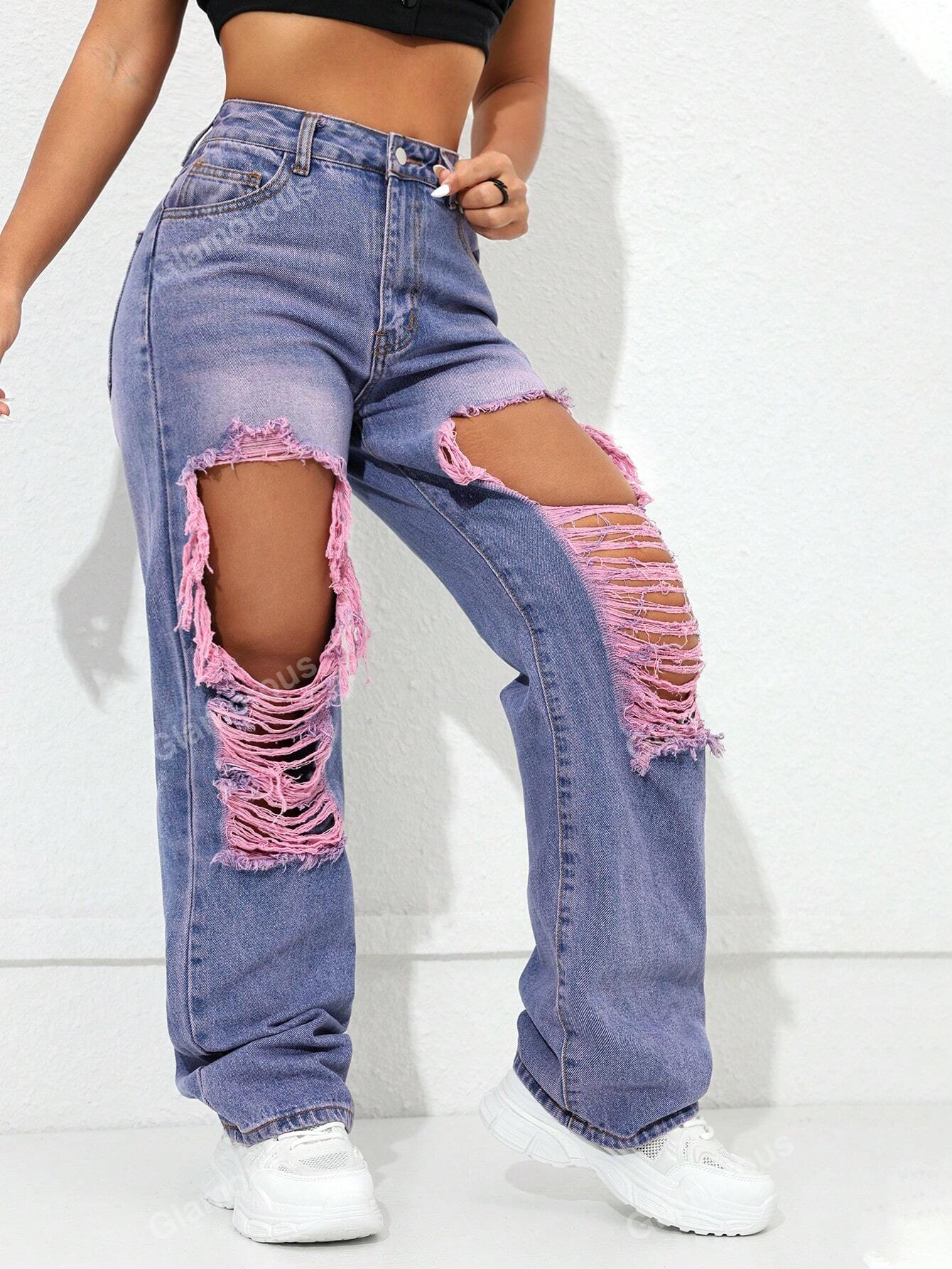 Street High Waist Slant Pocket Ripped Straight Leg Jeans