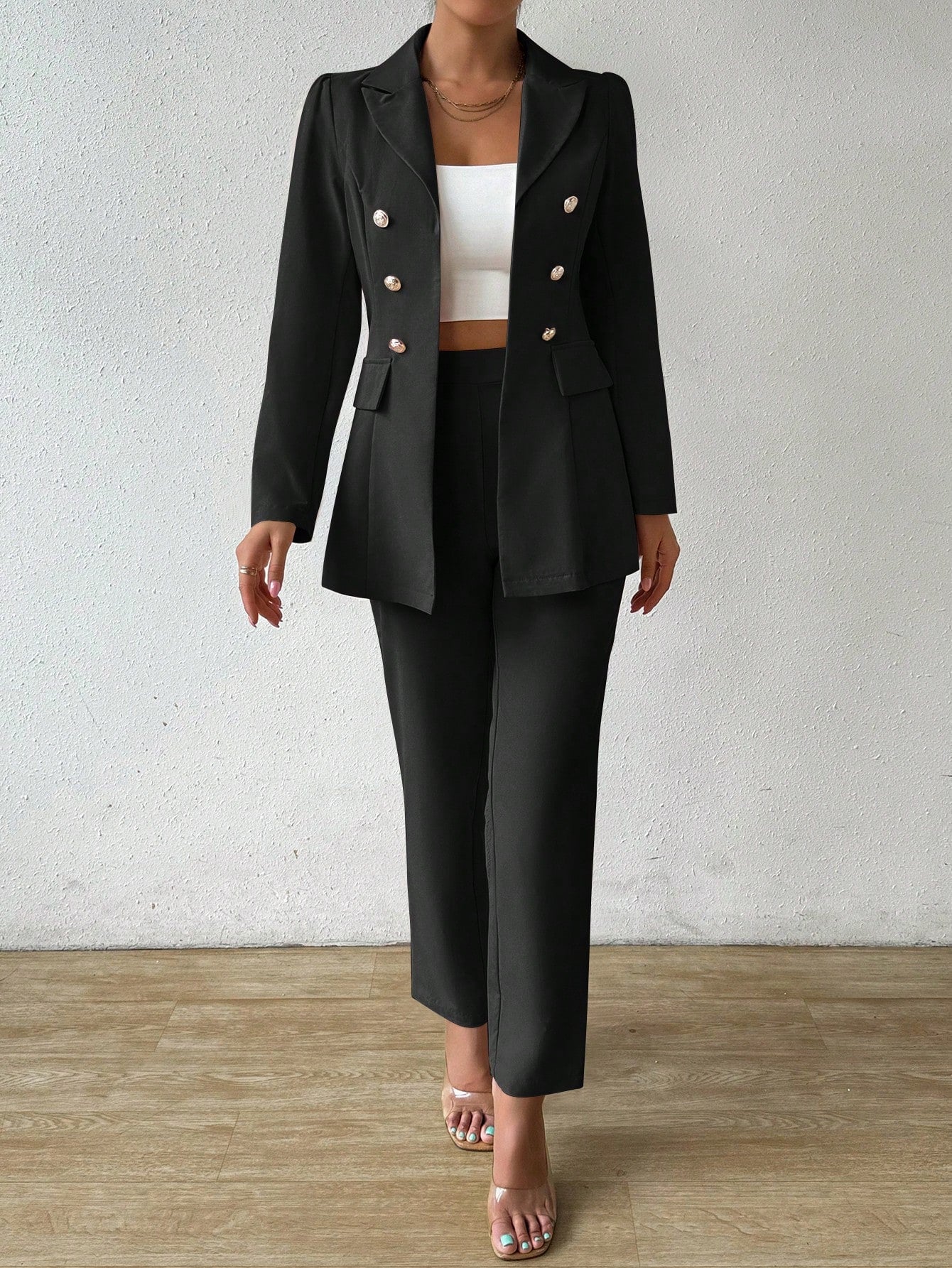 Raffinéa 2pcs Solid Color Double-Breasted Jacket And Trousers Suit, Spring & Fall