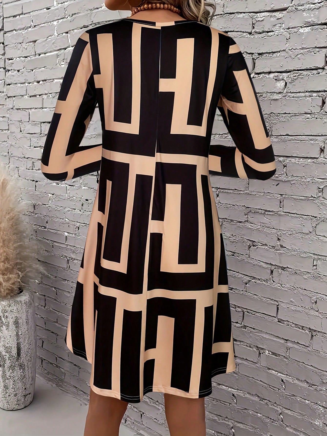 Geometric Pattern Long Sleeve Dress, Autumn New Arrival