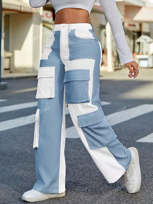 Y2K Street High Waist Colorblock Flap Pocket Cargo Corduroy Fall Pants