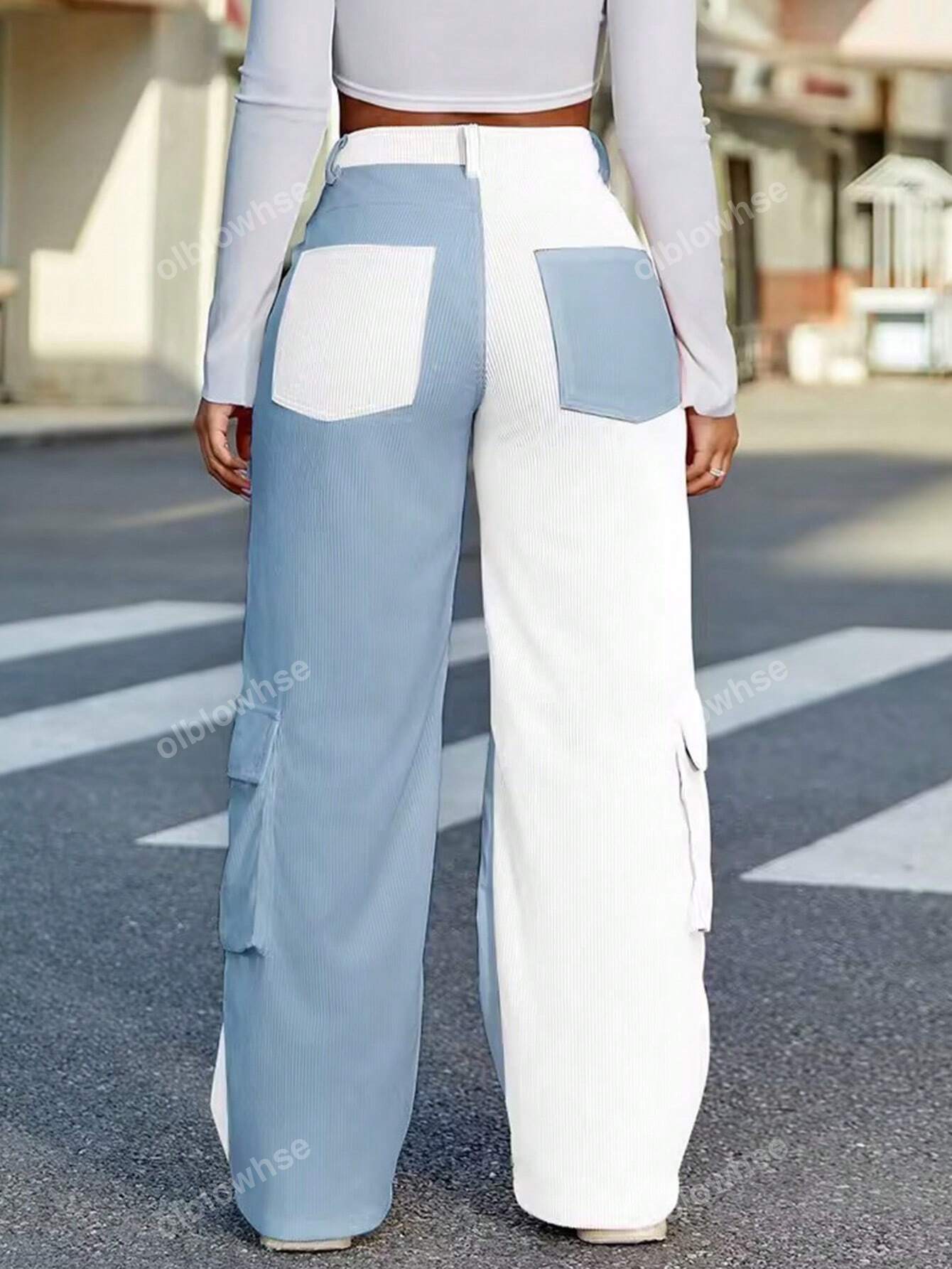 Y2K Street High Waist Colorblock Flap Pocket Cargo Corduroy Fall Pants