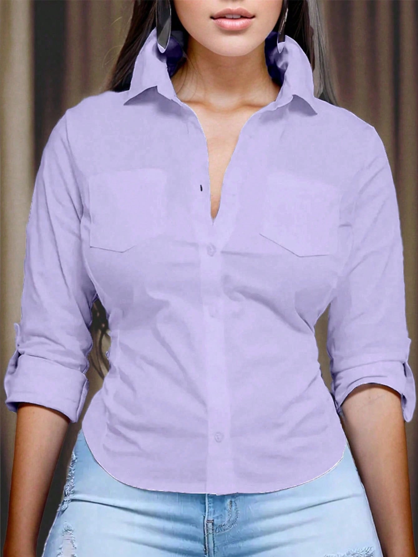 Relaxiva Women's Solid Color Rolled Sleeve Shirt,Long Sleeve Tops