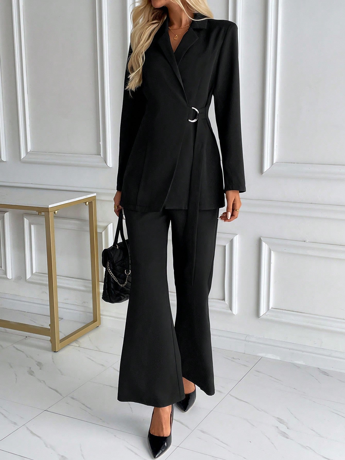 Clasi Spring/Autumn Elegant Solid Color Wrap Jacket And Flare Pants Suit Set