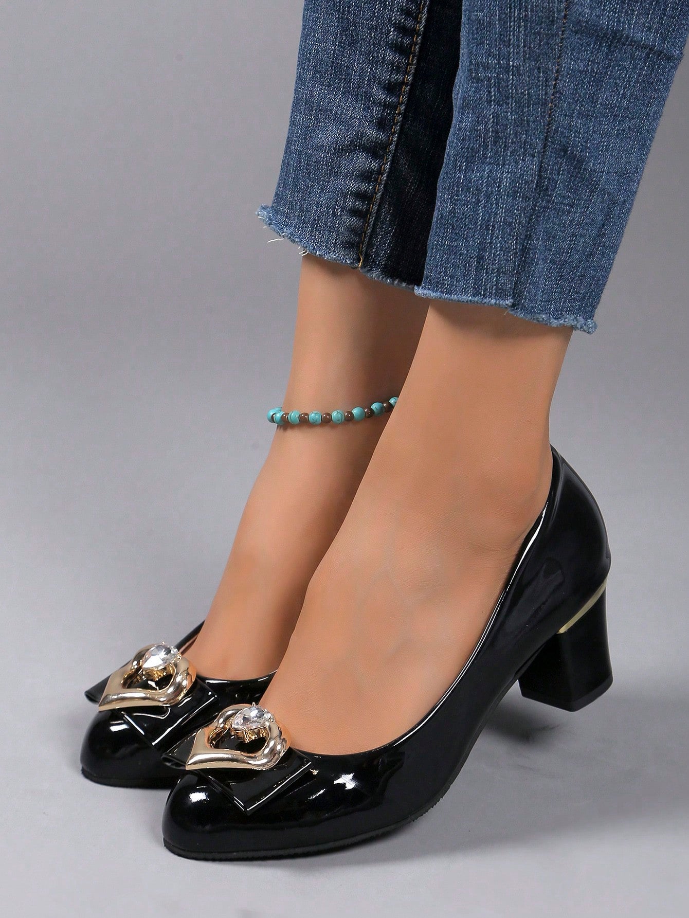 2024 Spring-Autumn New Low-Cut Women's Shoes Black High-Heels Mary Jane Pumps Chunky Heel Rhinestone Bowknot Suede Work Shoes Large Size