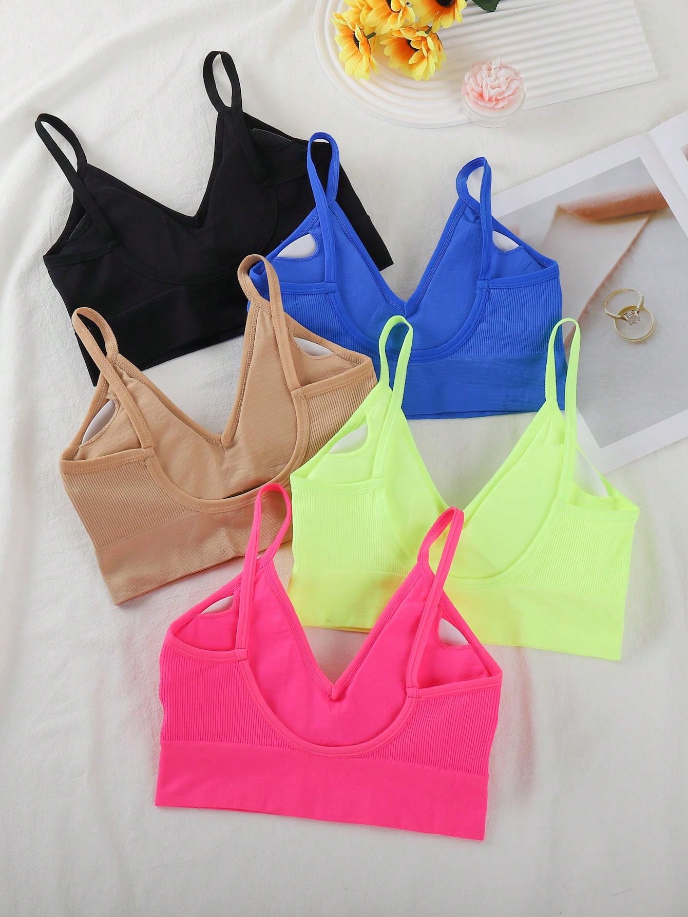 5pcs Comfortable Solid Wireless Bra, Lingerie