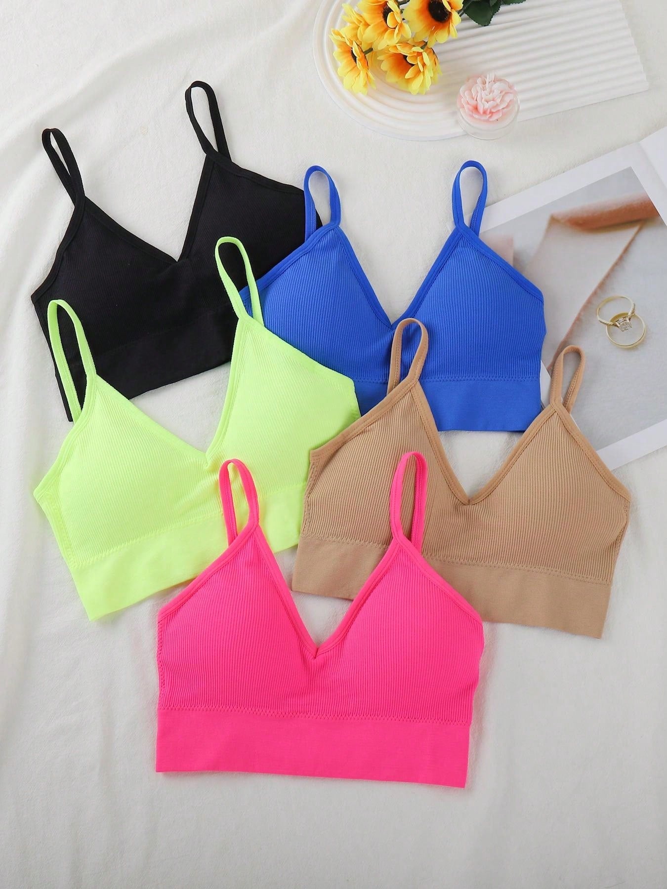 5pcs Comfortable Solid Wireless Bra, Lingerie