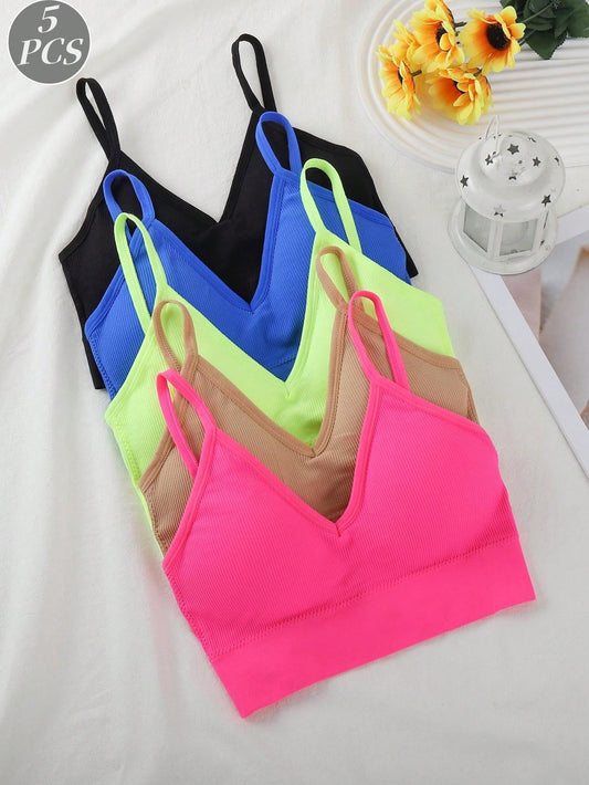 5pcs Comfortable Solid Wireless Bra, Lingerie