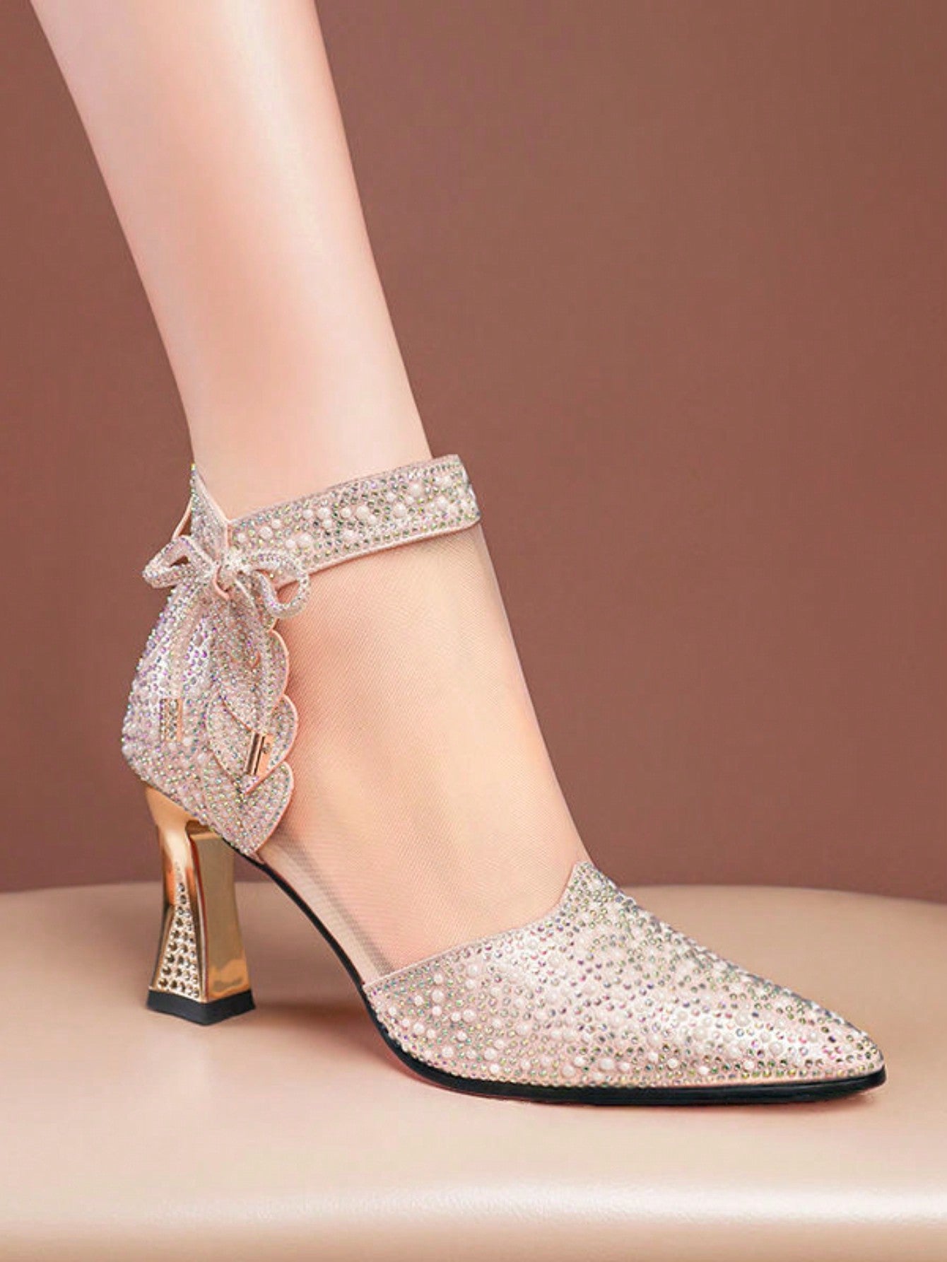 Women's Rhinestone Decor High Heel Shoes, Breathable Mesh Ankle Boots, Trendy Spring Autumn Short Boots, High Heel Boots, Party Wedding Pointy Toe High Heels