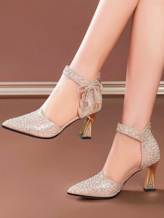 Women's Rhinestone Decor High Heel Shoes, Breathable Mesh Ankle Boots, Trendy Spring Autumn Short Boots, High Heel Boots, Party Wedding Pointy Toe High Heels