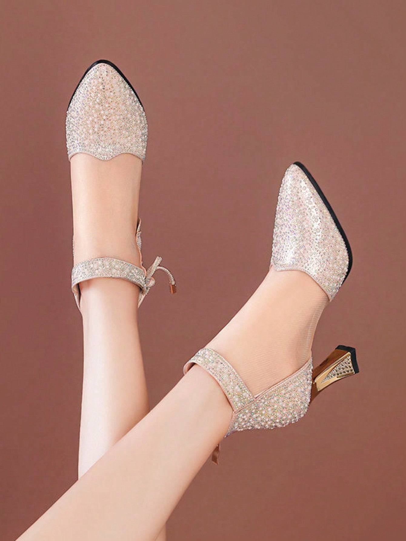 Women's Rhinestone Decor High Heel Shoes, Breathable Mesh Ankle Boots, Trendy Spring Autumn Short Boots, High Heel Boots, Party Wedding Pointy Toe High Heels