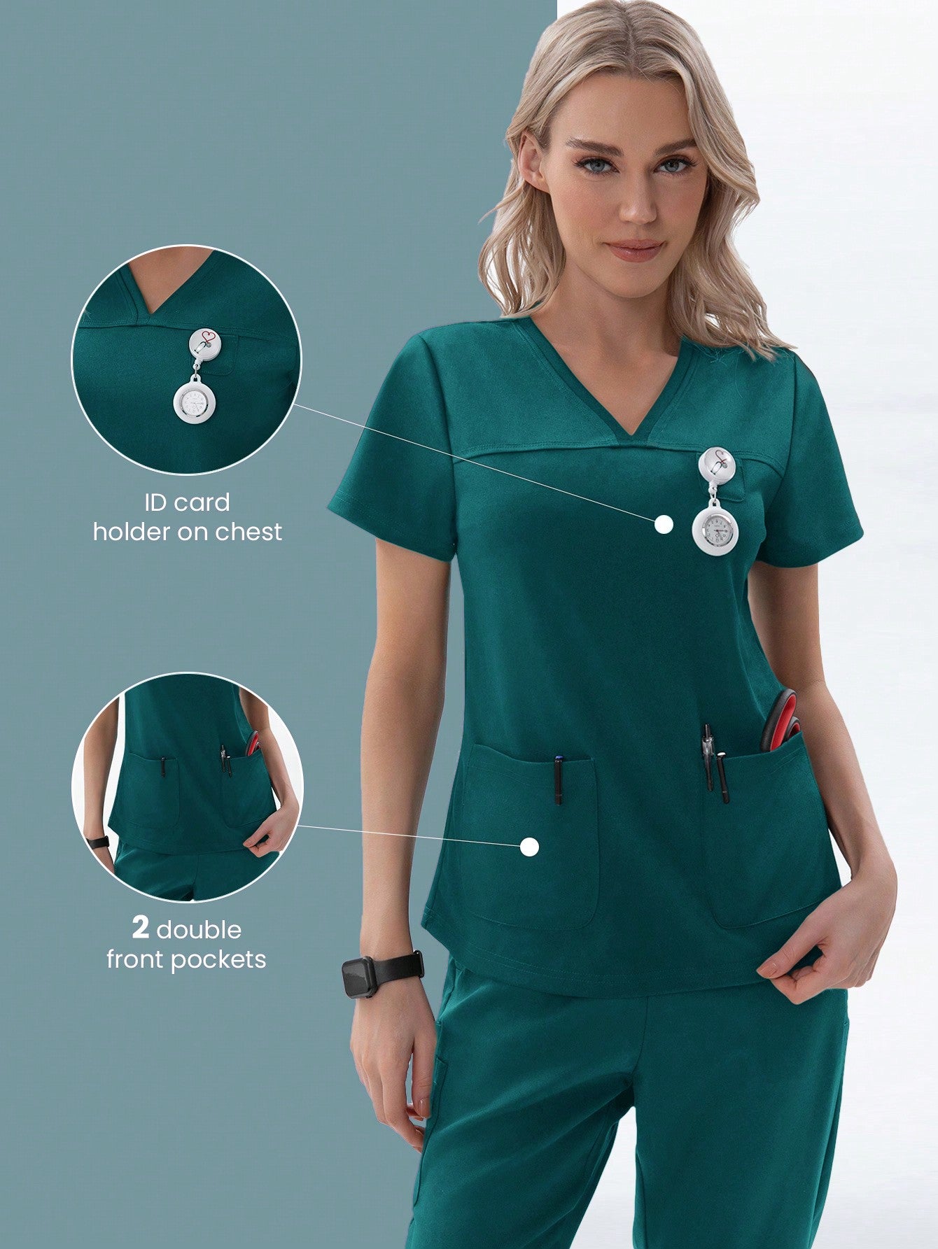 TaskFit 2-Pockets V-Neck Short Sleeve Nurse Uniform Scrub Top Clothes For Women