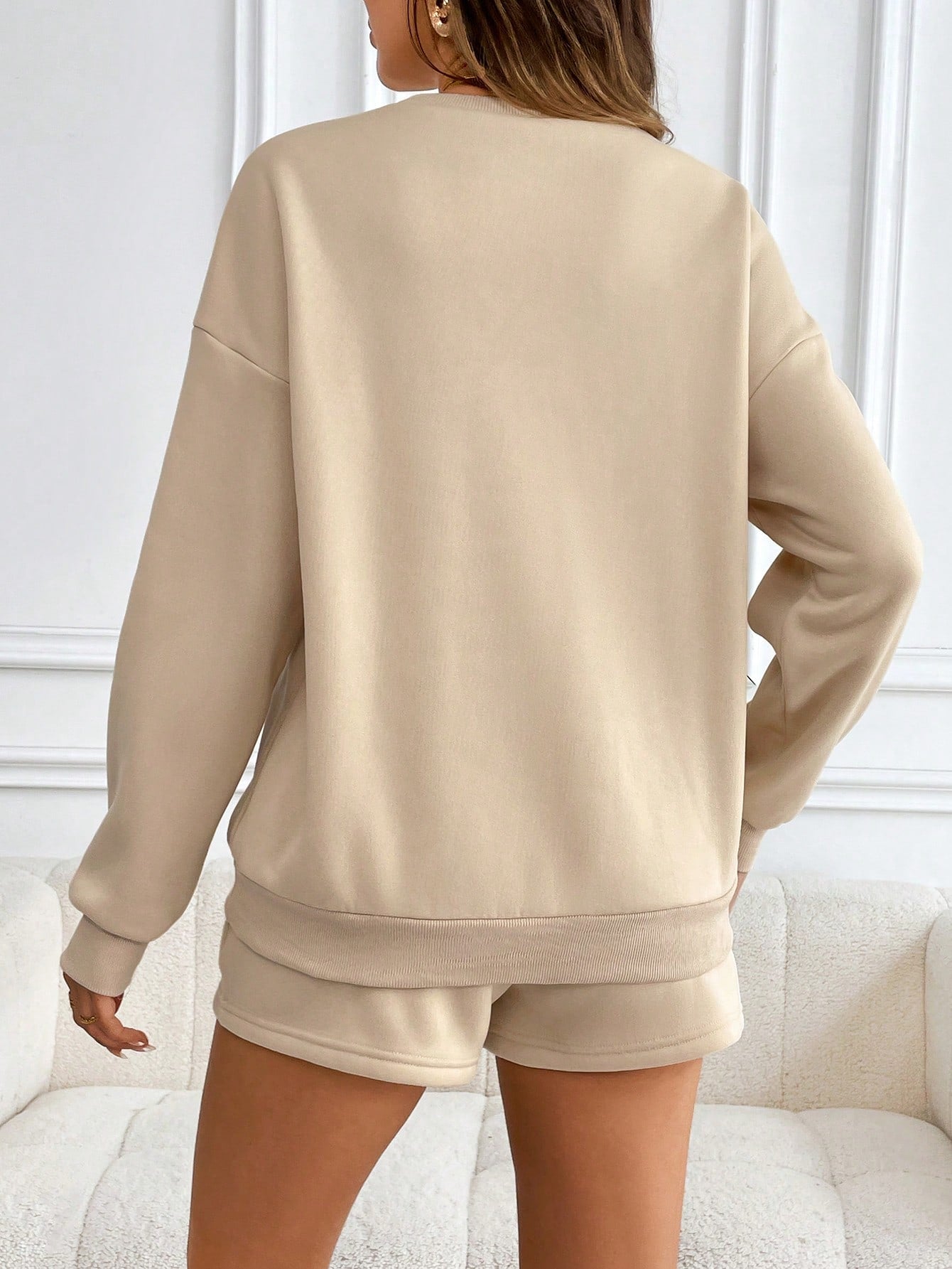 2pcs Pregnant Women Spring Autumn Plain Round Neck Dropped Shoulder Long Sleeve Nursing Sweatshirt & Shorts Set, For Maternity