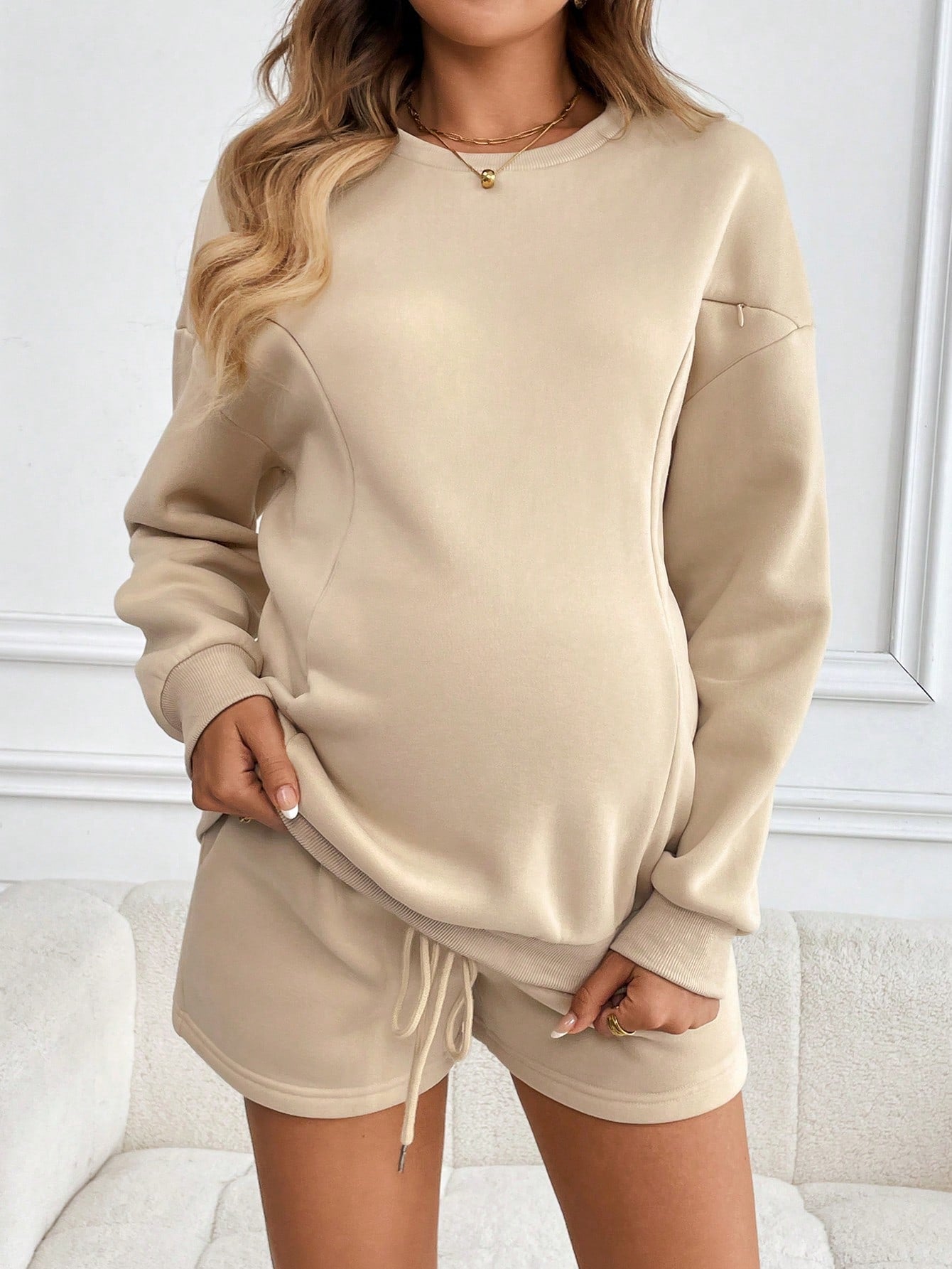 2pcs Pregnant Women Spring Autumn Plain Round Neck Dropped Shoulder Long Sleeve Nursing Sweatshirt & Shorts Set, For Maternity