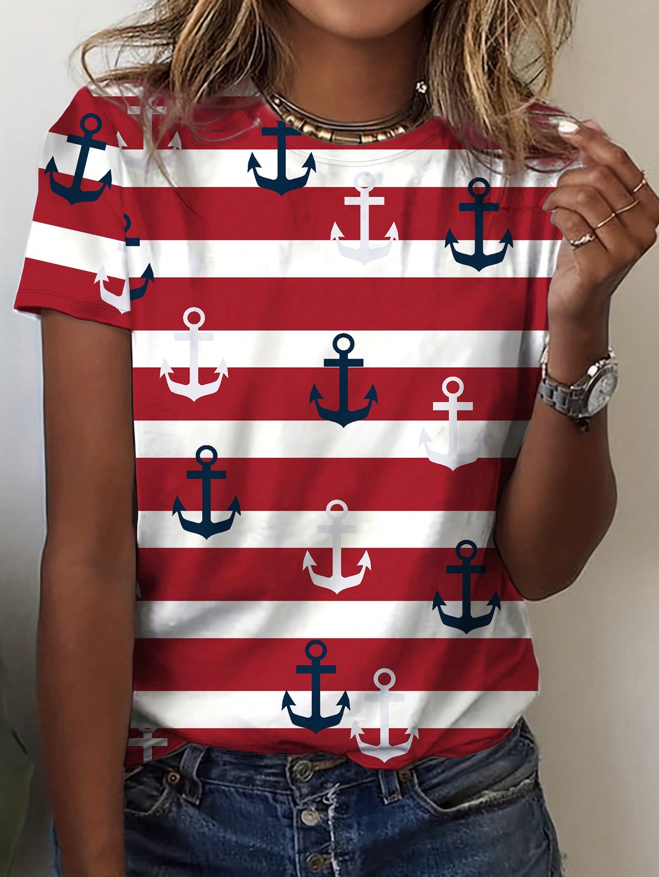 INAWLY Women's Casual Crewneck Anchor & Stripe Print Short Sleeve T-Shirt, Trendy Outfit Graphic Tees Women Tops