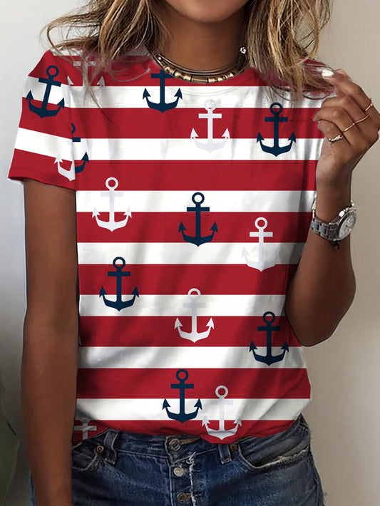 INAWLY Women's Casual Crewneck Anchor & Stripe Print Short Sleeve T-Shirt, Trendy Outfit Graphic Tees Women Tops