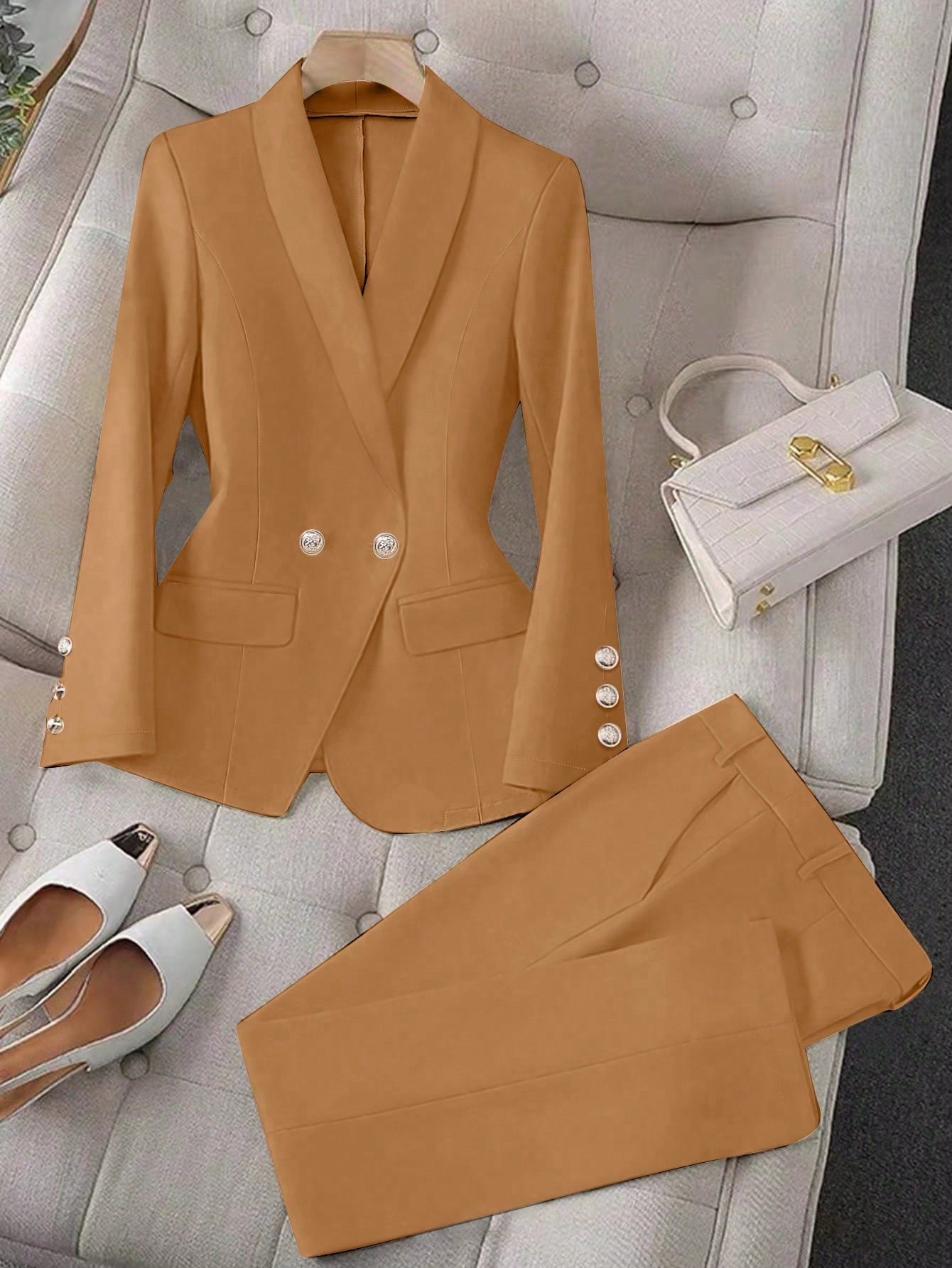 Raffinéa Apricot Color Long Sleeve Lapel Women's Suit Jacket And Pants Set