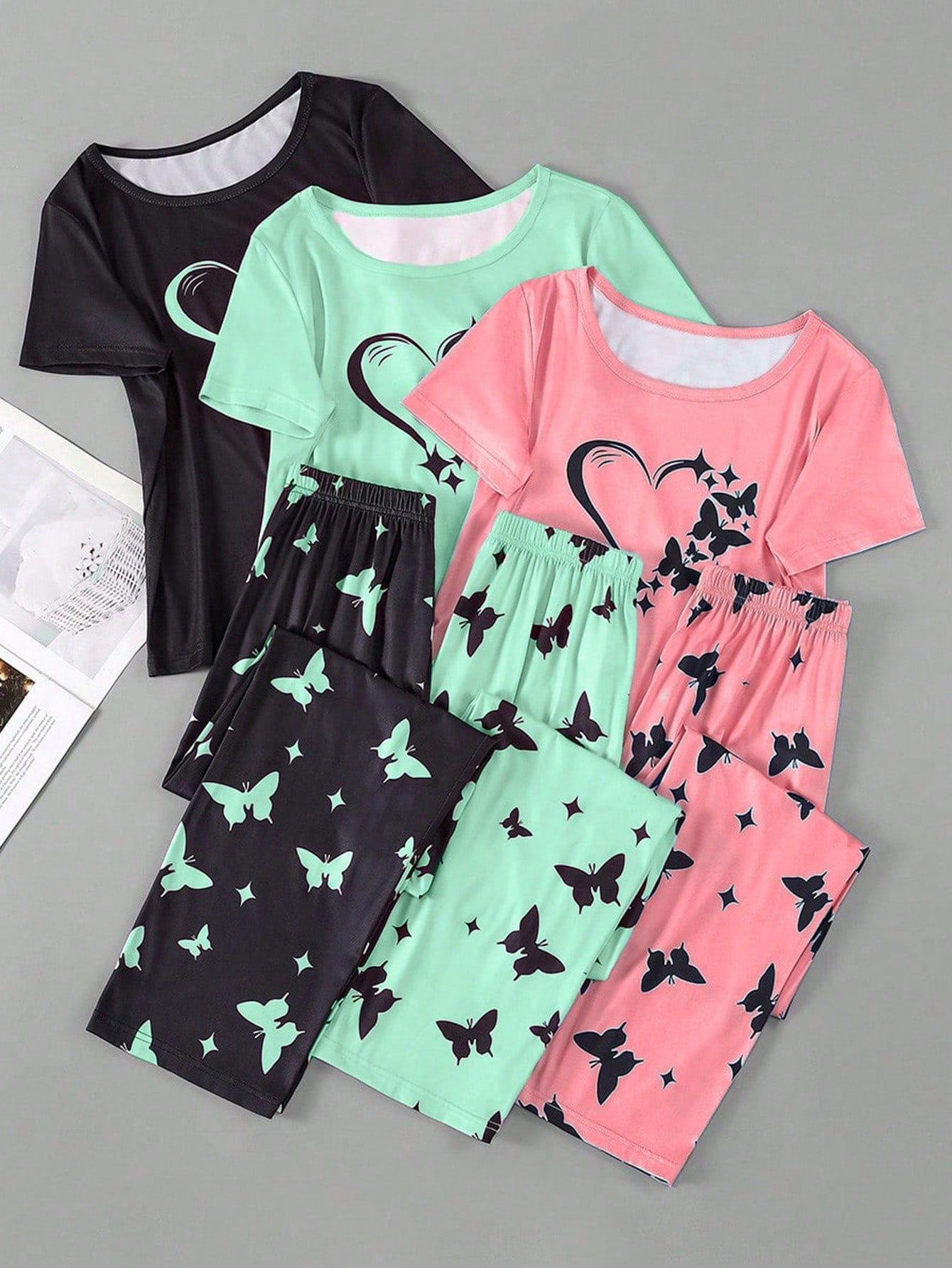 3pcs/set Women's Heart & Butterfly Print Short Sleeve Top And Long Pants Pajamas Set