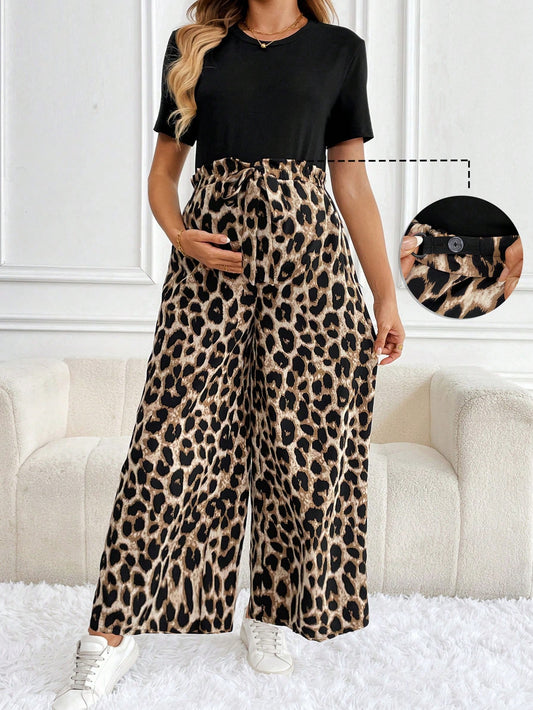 Maternity Two-Piece Set: Solid Color Short Sleeve Top And Leopard Print Pants